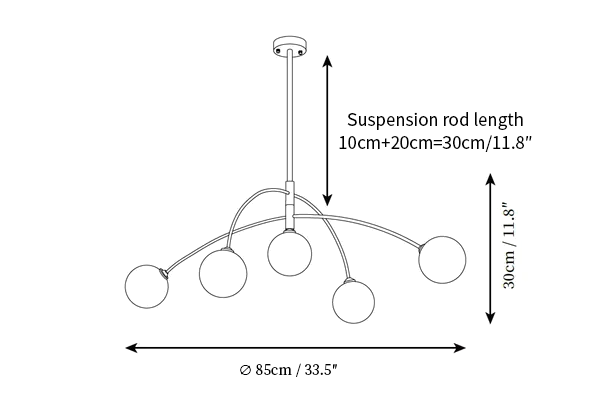 Second dimension drawing of this Clérachic chandelier, with its overall width, height and rod length marked.