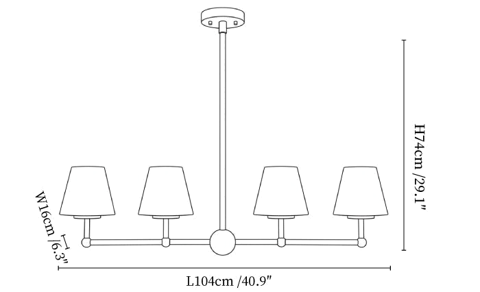 Clérachic chandelier dimension drawing, every measurement marked in centimetres and inches.