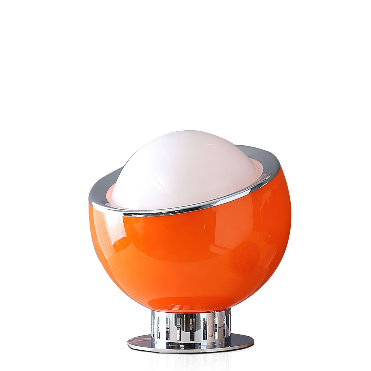 Orange glass sphere with a white dome and chrome ring on a ribbed chrome stand, shown on white for this Clérachic table lamp.