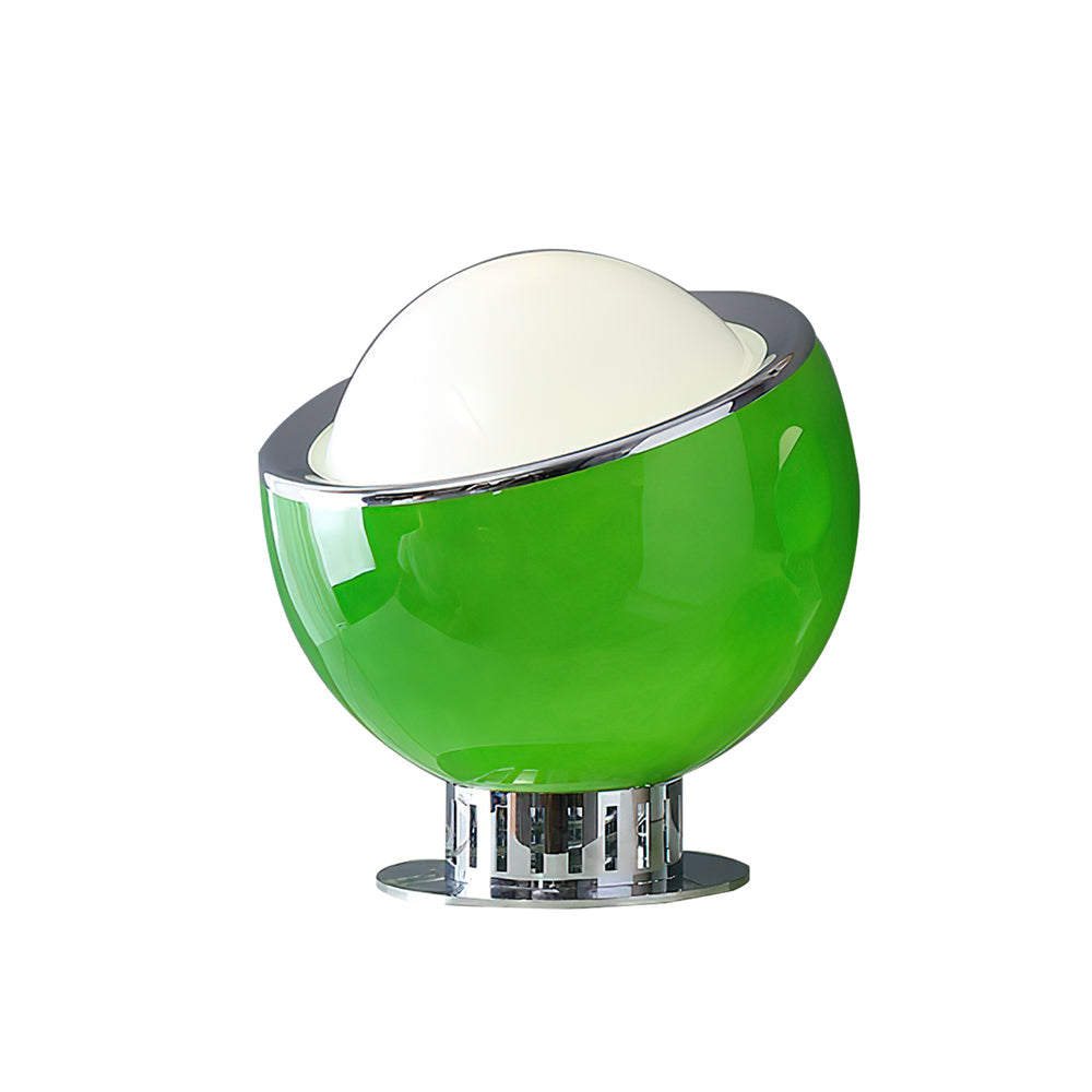 Bright green glass body, white dome and chrome rim on a ribbed chrome pedestal, in the larger size of this Clérachic table lamp.