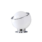 The white body of this Clérachic table lamp is unlit, with a white dome, a chrome rim and a ribbed chrome pedestal, on white.