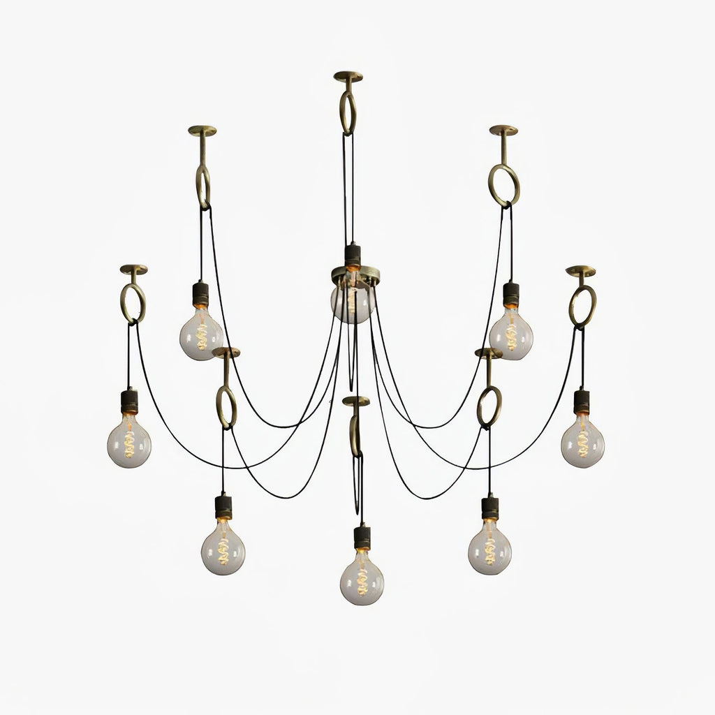 Nine exposed globe bulbs on black cables hang from copper hook rings around a central canopy, shown on white for this Clérachic pendant.
