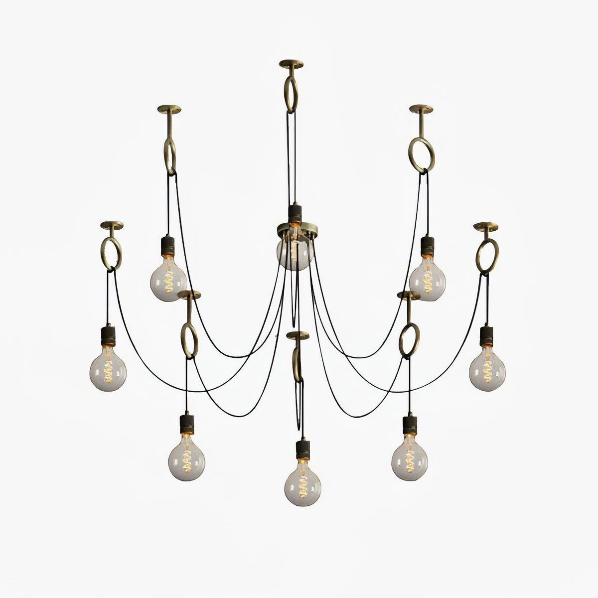 Nine exposed globe bulbs on black cables hang from copper hook rings around a central canopy, shown on white for this Clérachic pendant.