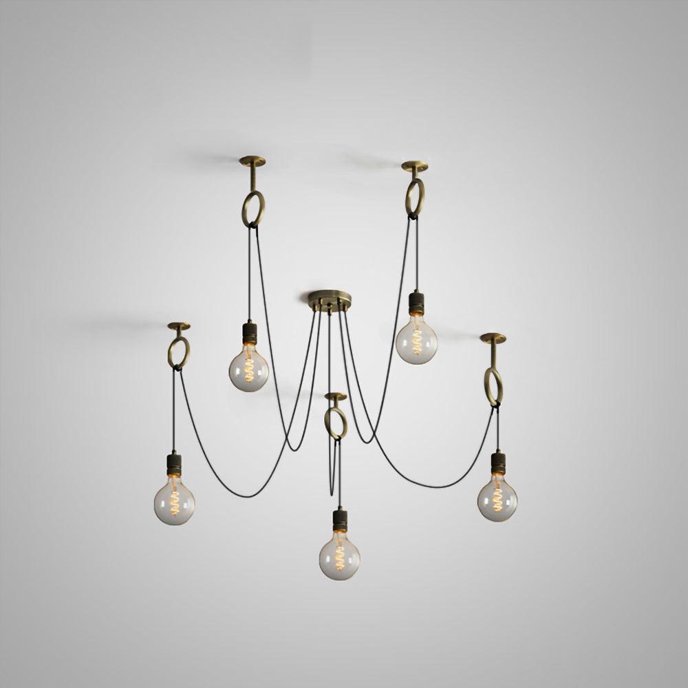 Six globe bulbs hang on black cables from copper rings around a round canopy, a mid-size layout of this Clérachic pendant on grey.