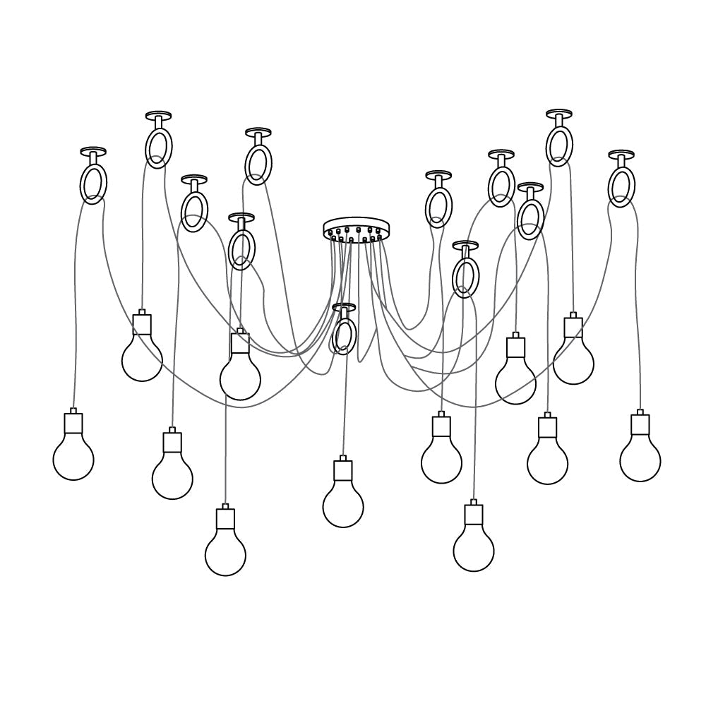 Line drawing of a fifteen-head layout of this Clérachic pendant, with bulbs hanging at many different heights.