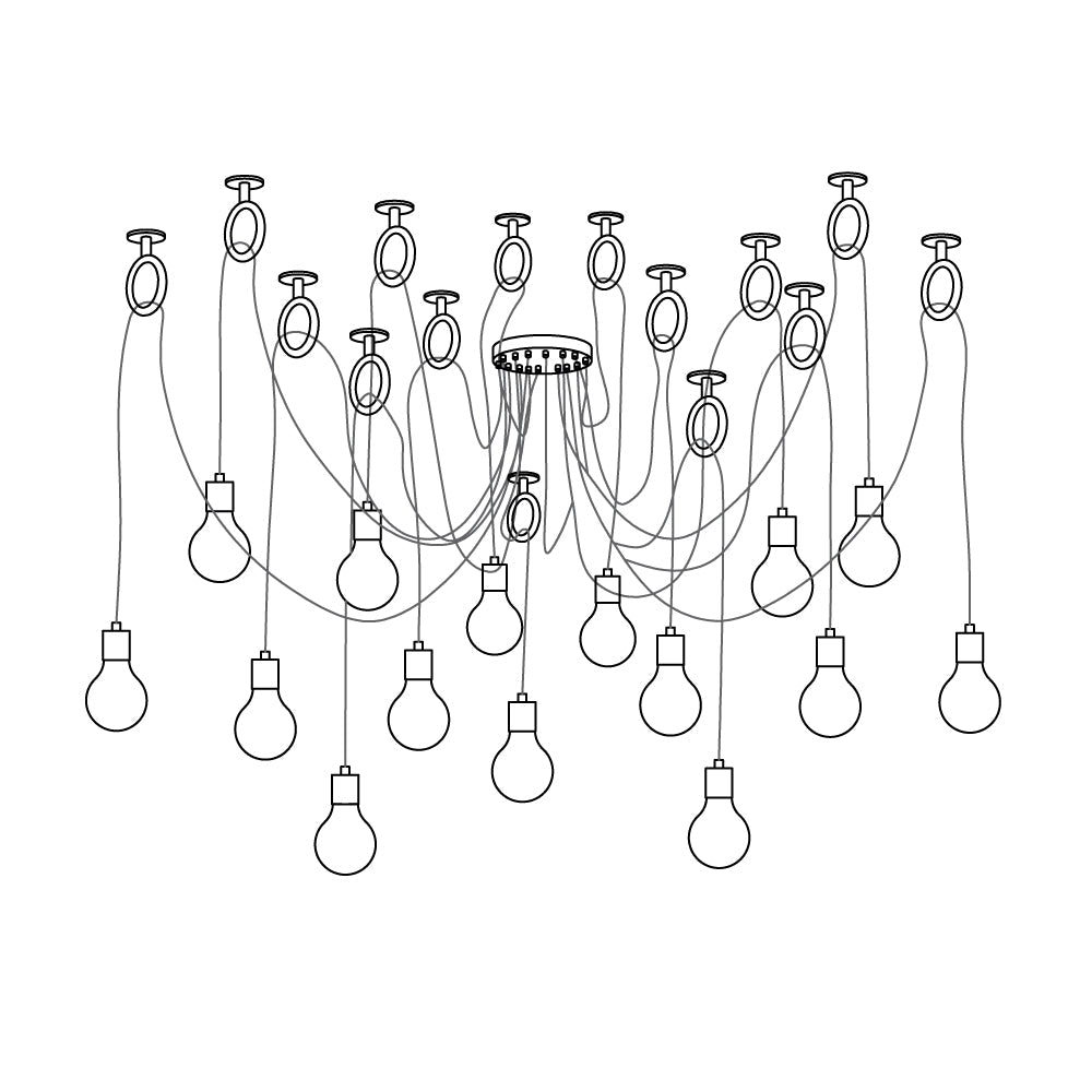 Line drawing of a layout of this Clérachic pendant with many more bulbs, drawn from the front on white.