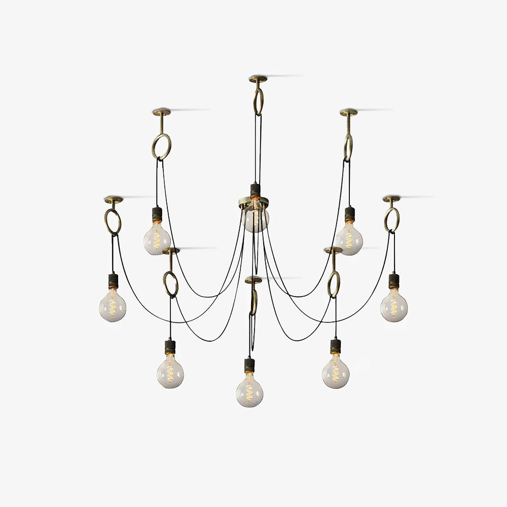 Eight bulbs hang from copper-toned hook rings and a central canopy on a clean white backdrop, this Clérachic pendant seen from the front.