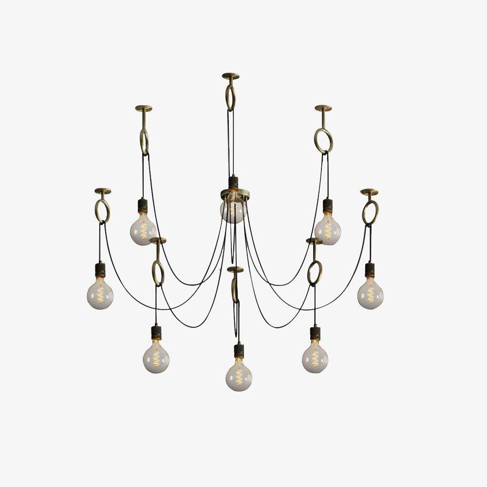 A near-identical front view of this Clérachic pendant, with eight bulbs and copper hook rings, lit more softly on a white backdrop.