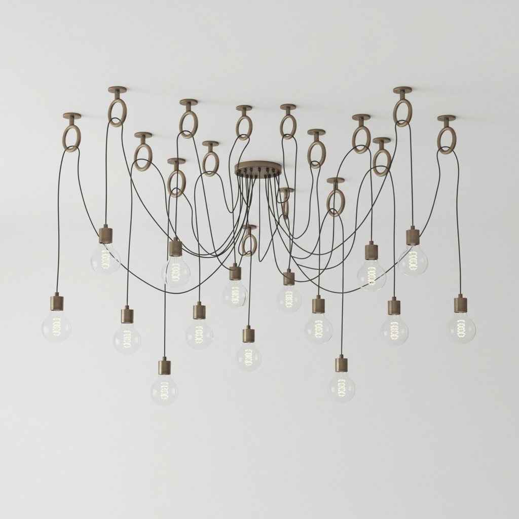 A large cluster of copper hook rings and bare bulbs spreads across a pale grey ceiling in the biggest layout of this Clérachic pendant.