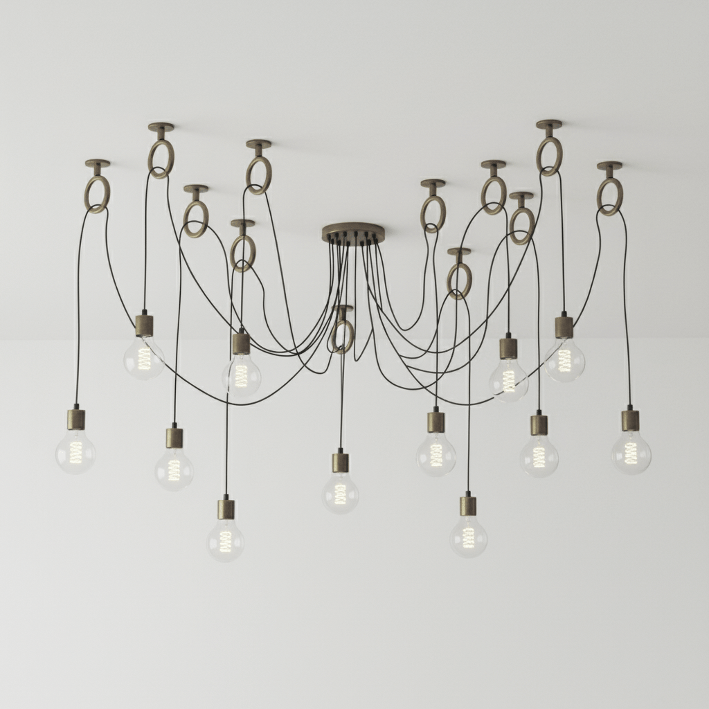 The widest layout of this Clérachic pendant on pale grey, with a dozen or more bulbs hanging from copper rings around a dark canopy.