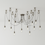 The widest layout of this Clérachic pendant on pale grey, with a dozen or more bulbs hanging from copper rings around a dark canopy.
