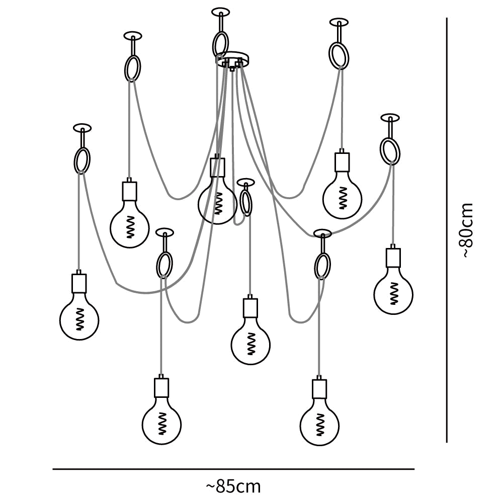 Dimension drawing of this Clérachic pendant with nine heads, with its height and width marked.