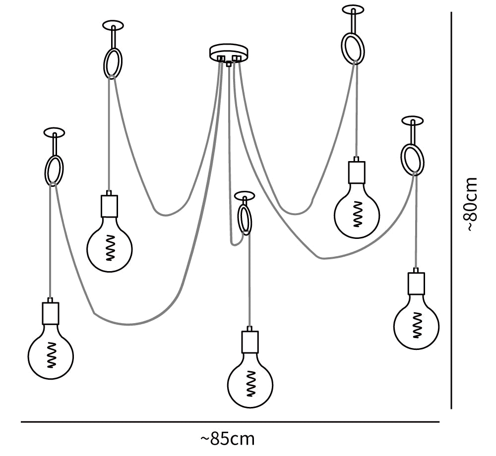 Dimension drawing of this Clérachic pendant with five heads, with its height and width marked.