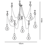 Dimension drawing of this Clérachic pendant with eight heads, with its height and width marked.