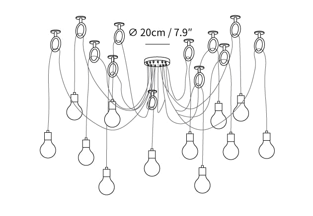Dimension drawing of this Clérachic pendant with a large cluster of heads, with the canopy diameter marked.