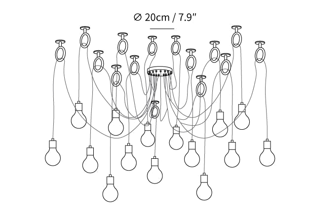 Dimension drawing of this Clérachic pendant with a large head count, with the canopy diameter marked.