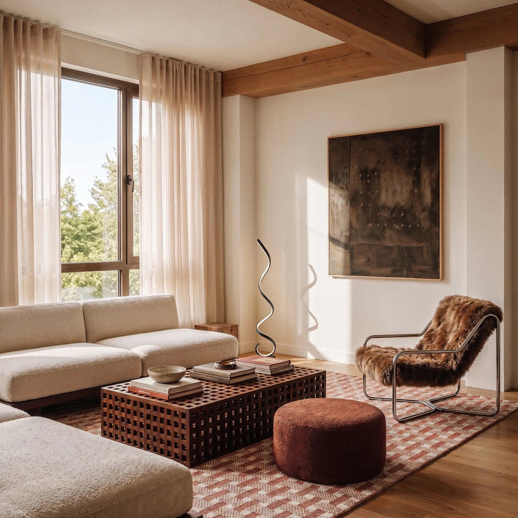 Clérachic black ribbon floor lamp beside a low wooden table in a living room with a cream sofa, sheer curtains and a fur chair.
