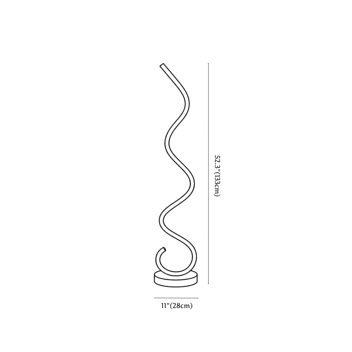 Clérachic floor lamp dimension drawing, every measurement marked in centimetres and inches.