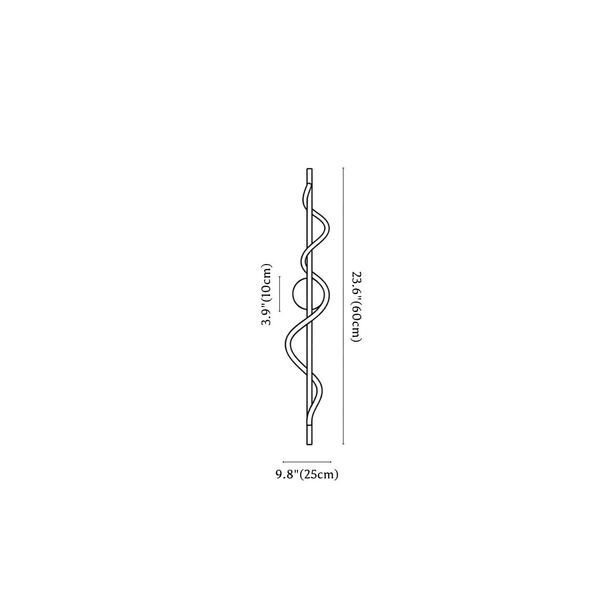 Clérachic wall light dimension drawing, 60 cm, every measurement marked in centimetres and inches.