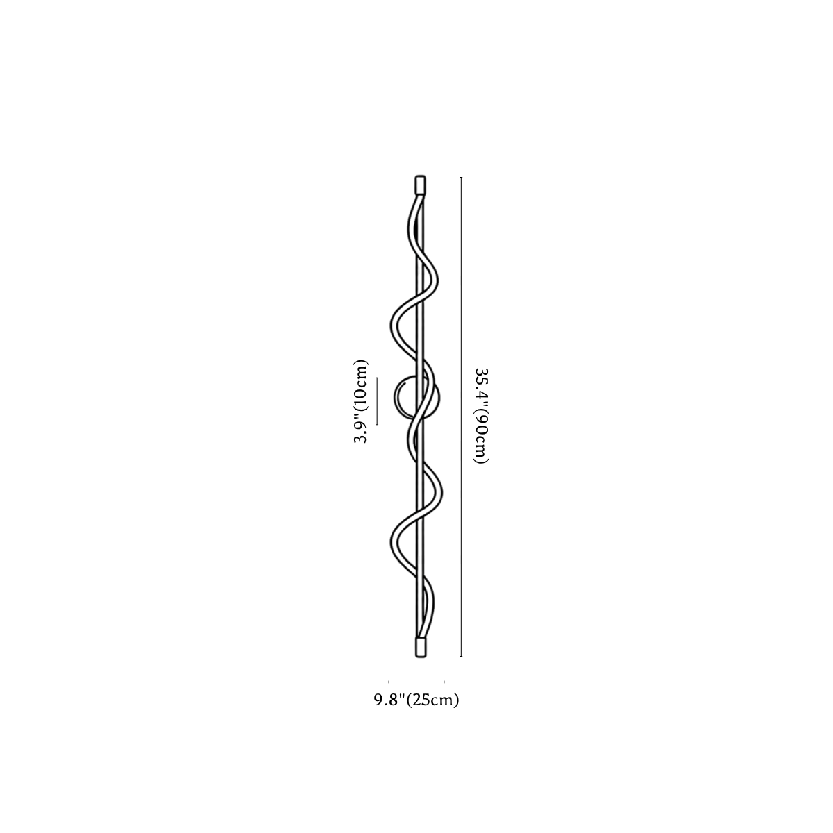 Clérachic wall light dimension drawing, 90 cm, every measurement marked in centimetres and inches.