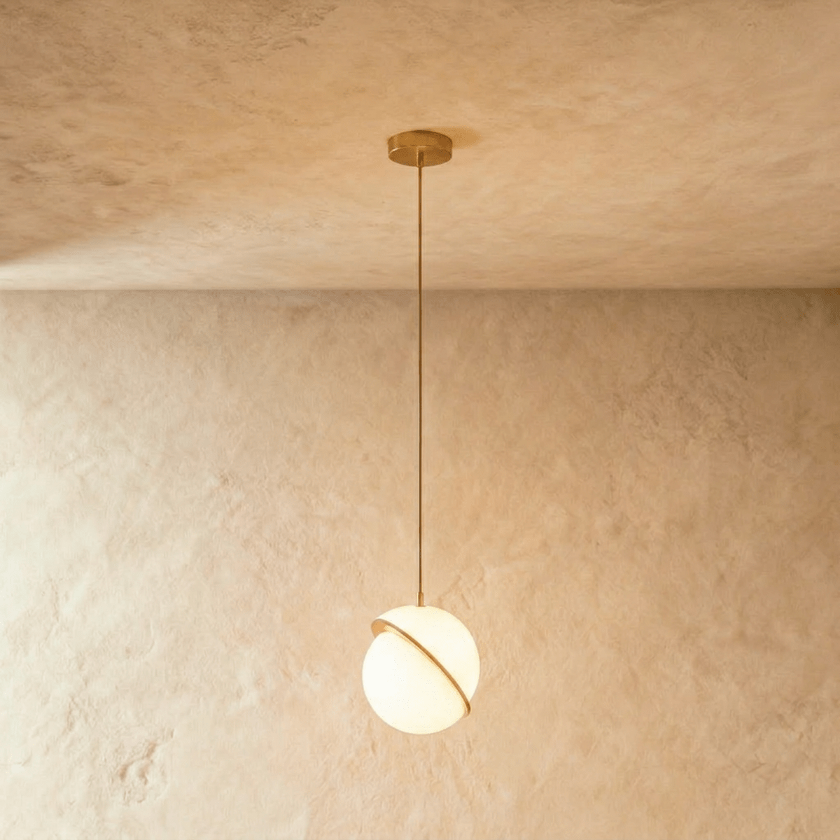Clérachic opal white sphere pendant cut by a slanted brass-finish ring, lit on a slim brass rod against a limewashed wall.