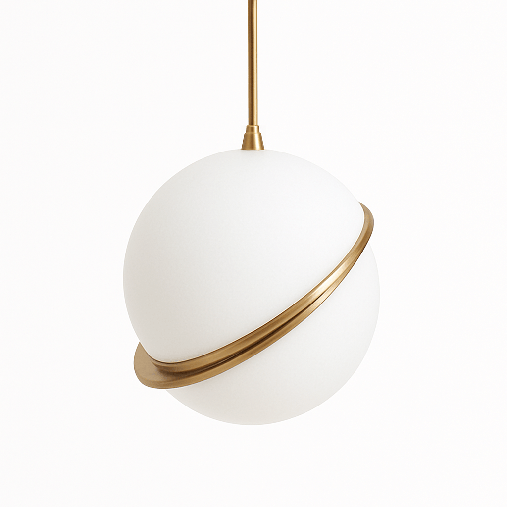 Close view of the Clérachic opal white sphere with a slanted polished brass-finish ring, on a plain white background.