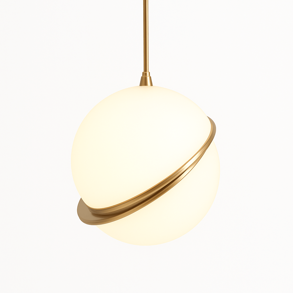 Close view of the lit Clérachic opal white sphere pendant, its brass-finish ring angled across a warmly glowing globe.