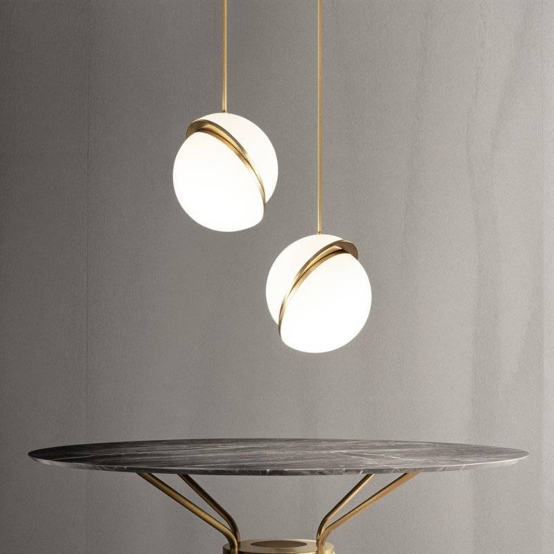 Two Clérachic opal white sphere pendants with brass-finish rings hung at different heights above a round marble table.