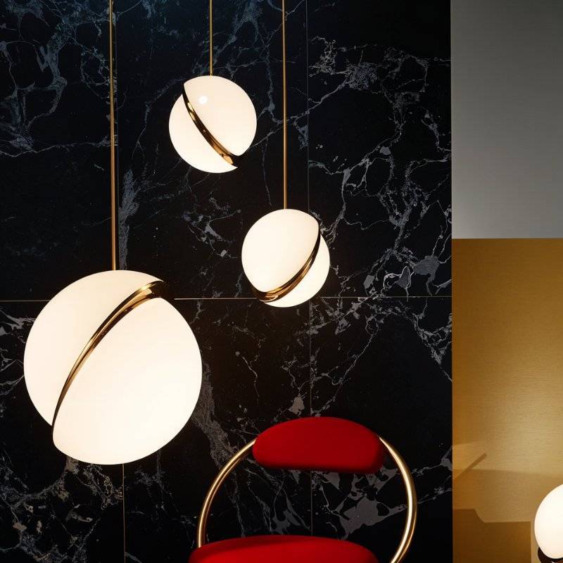 Three Clérachic opal white sphere pendants in different sizes against black marble tiles, with a red chair below.