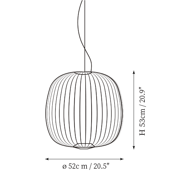 Dimension drawing of this Clérachic pendant in its rounded dome size, with its height and width marked.
