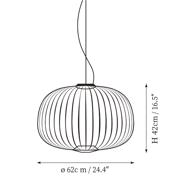 Dimension drawing of this Clérachic pendant in its wide, low size, with its height and width marked.