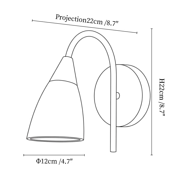 Clérachic wall light dimension drawing, every measurement marked in centimetres and inches.