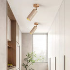 Two Clérachic stone spotlights aimed in different directions on a ceiling, with a kitchen window, a tall plant and white doors below.