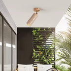 Clérachic travertine spotlight on a white ceiling above a sunlit balcony with a slatted screen, climbing plants and palm leaves.
