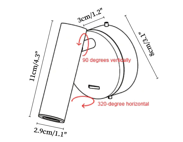 Dimension drawing of this Clérachic wall light, with its 11 cm head, 8 cm backplate, 3 cm depth and swivel and tilt directions marked.