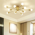 The gold Clérachic Sputnik Globe Ceiling Light warms a living room with sheer curtains and a small floor lamp.