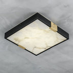The Clérachic Square Alabaster Flush Mount Ceiling Light against pale marble, its slim black frame only 5.5 cm deep with veining across the stone.