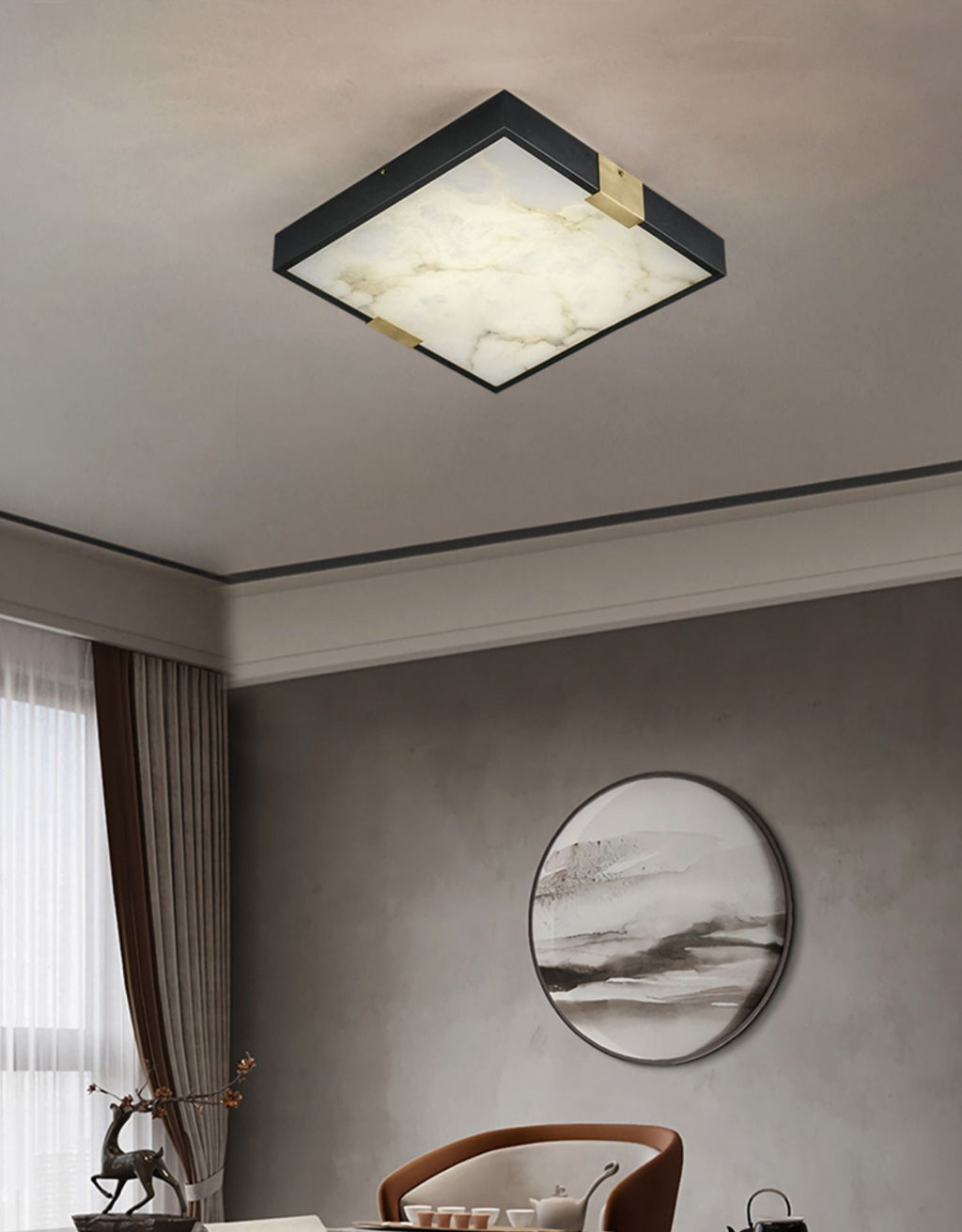 Clérachic Square Alabaster Flush Mount Ceiling Light lit above a tea table, the stone panel throwing a soft even wash over the ceiling.