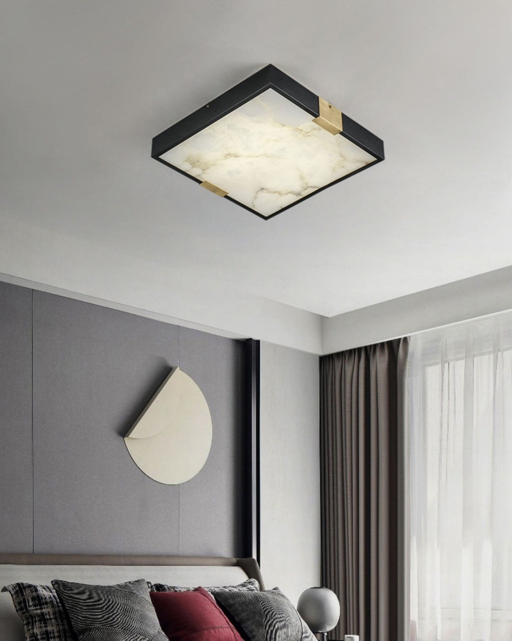 Clérachic Square Alabaster Flush Mount Ceiling Light glowing above a bed in a grey panelled bedroom, sitting close to the plaster with no visible drop.