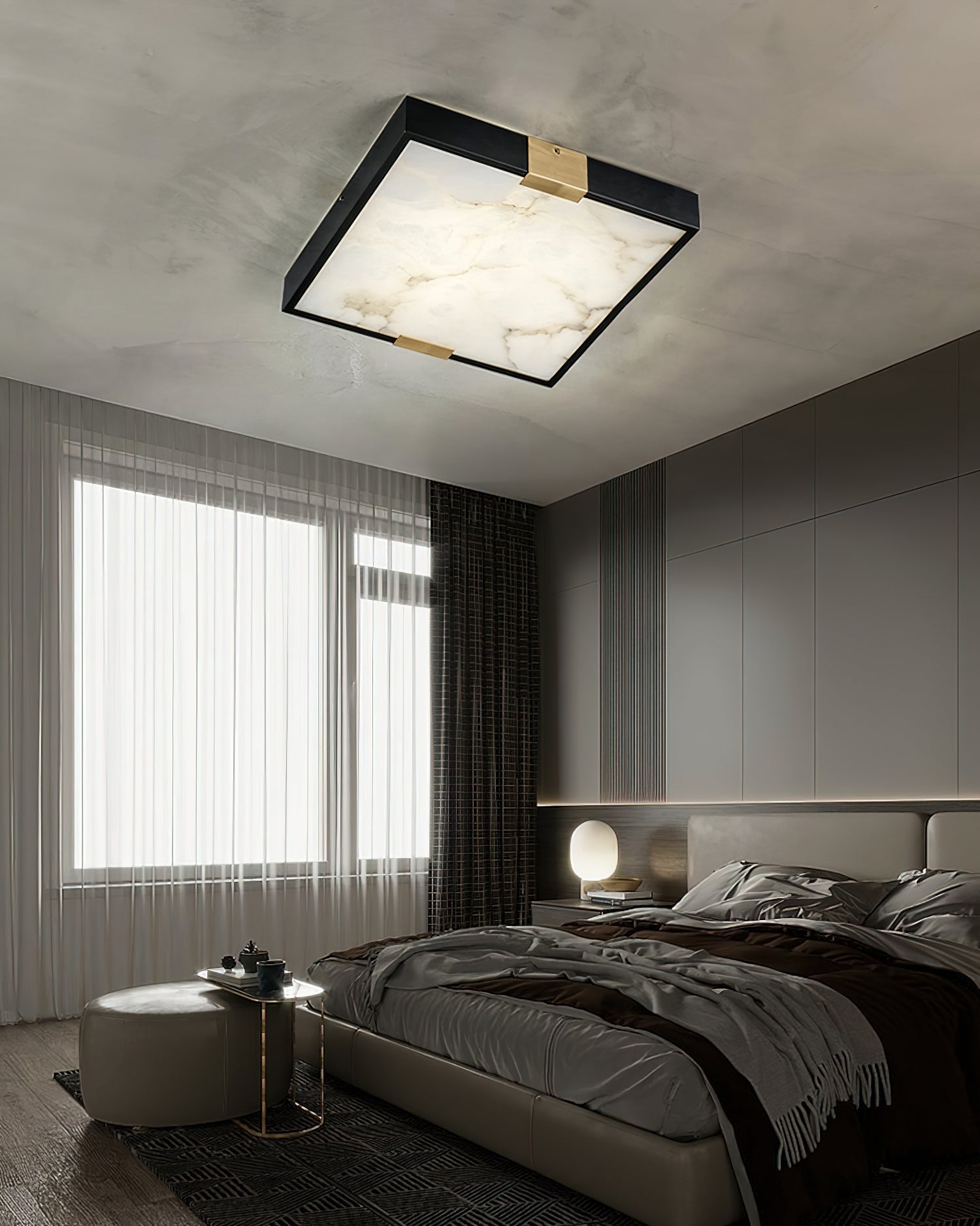 Clérachic Square Alabaster Flush Mount Ceiling Light lighting a dark bedroom with sheer curtains, the alabaster face bright against a concrete ceiling.