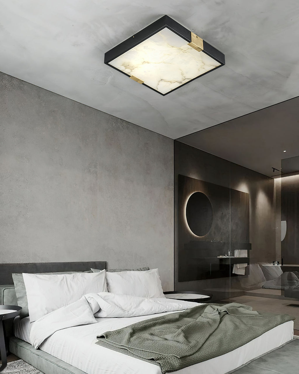 Clérachic Square Alabaster Flush Mount Ceiling Light on the concrete ceiling of a pared-back bedroom, fitted flush so nothing hangs into the room.