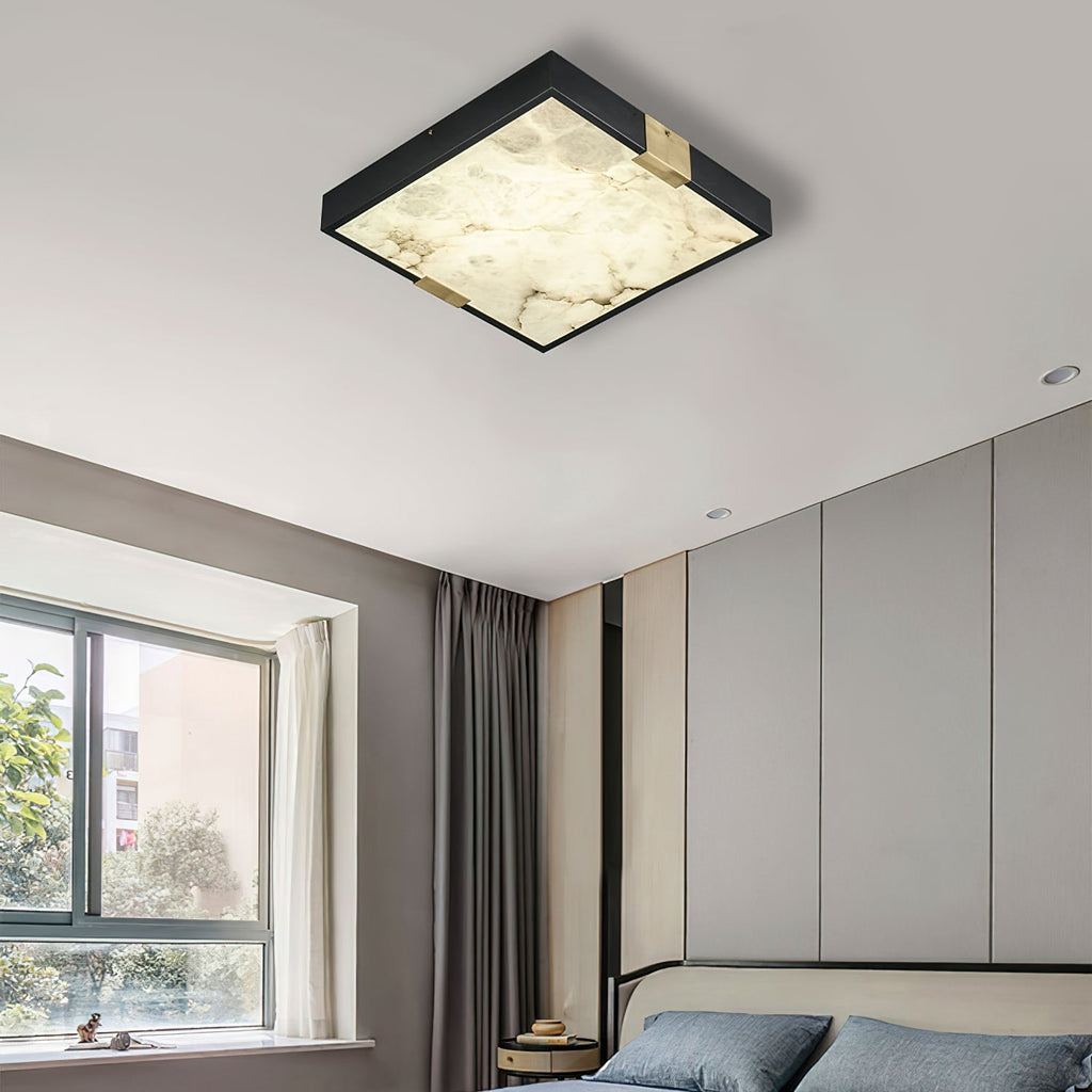Clérachic Square Alabaster Flush Mount Ceiling Light lit in daylight over a bedroom, shallow enough at 5.5 cm to clear a low ceiling.