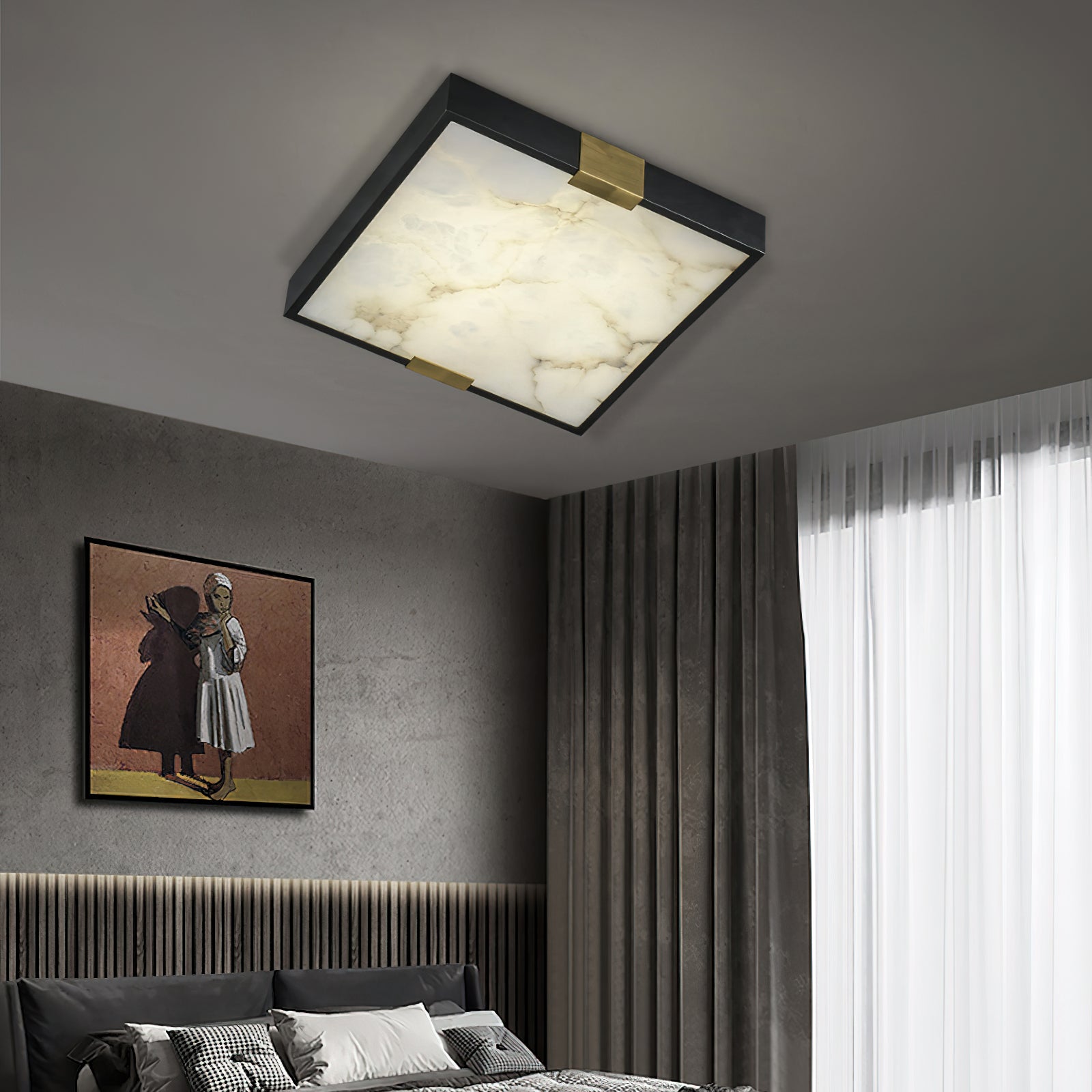 Clérachic Square Alabaster Flush Mount Ceiling Light lit in a grey bedroom above a fluted headboard, the square panel echoing the framed art below.