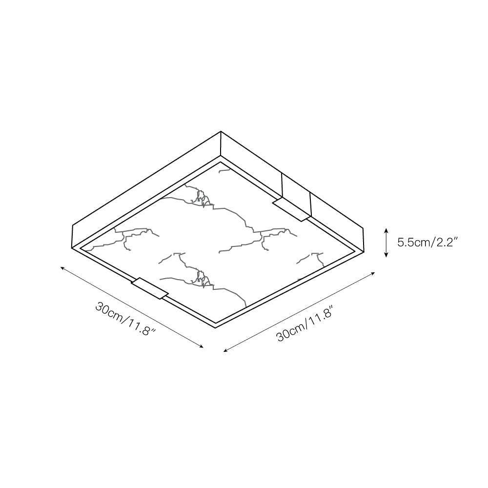 Dimension drawing for the Clérachic Square Alabaster Flush Mount Ceiling Light, 30 cm (11.8″) square and 5.5 cm (2.2″) deep.