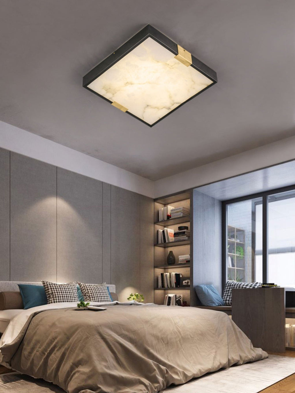 Clérachic Square Alabaster Flush Mount Ceiling Light lit over a bed in a soft grey bedroom, the square sitting tight against the plaster ceiling.