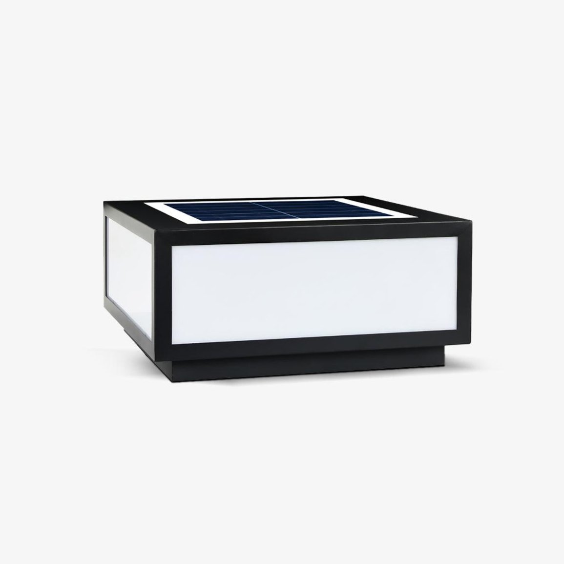 Square black outdoor post light from Clérachic with frosted white panels and a small solar panel on top, on a plain light background.