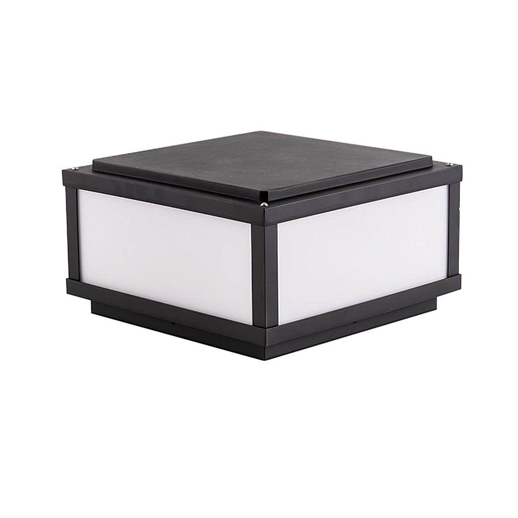 Wired version of this Clérachic square post light, with a flat black top and frosted white side panels, on a white background.