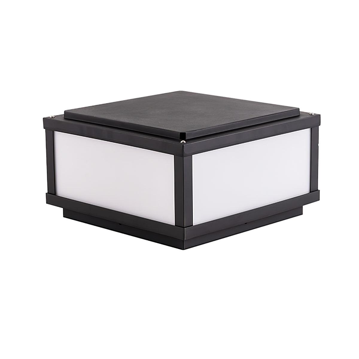 Wired version of this Clérachic square post light, with a flat black top and frosted white side panels, on a white background.