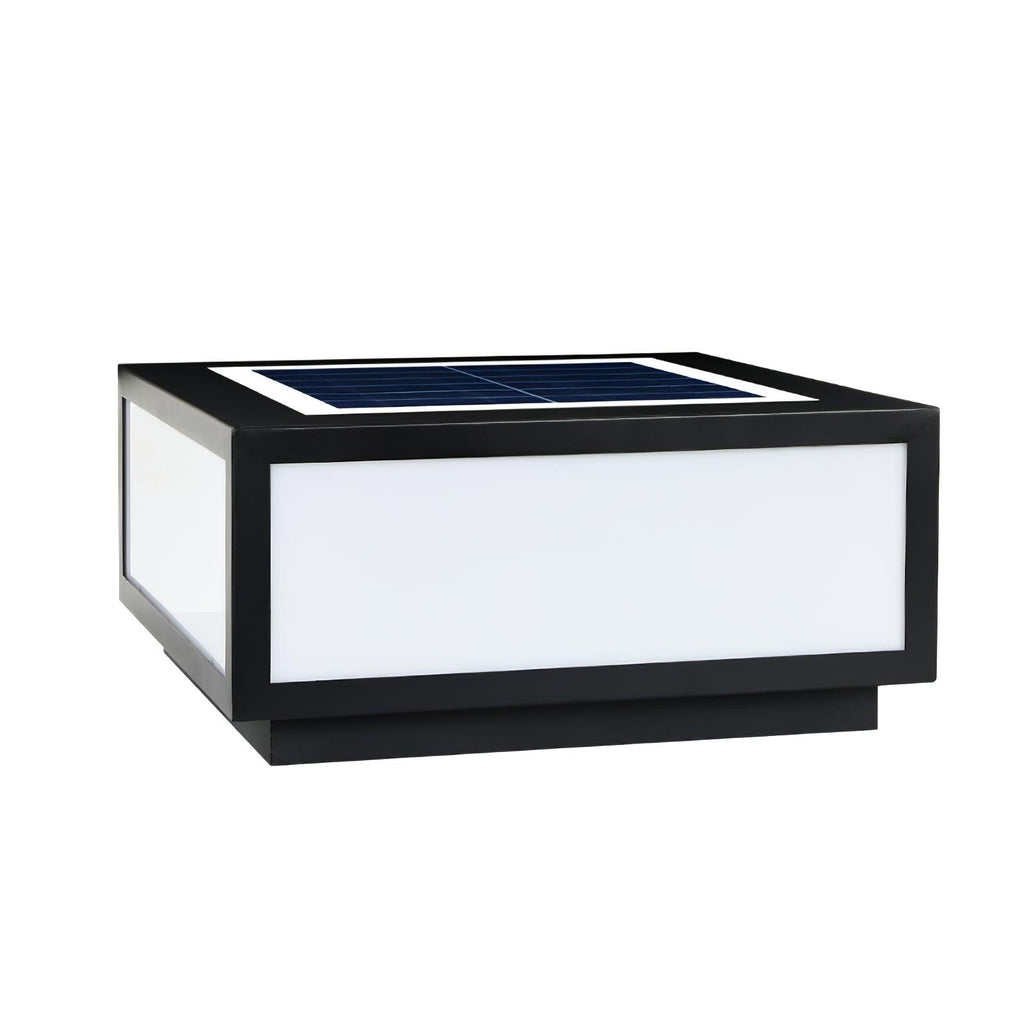 Clérachic square post light with a solar panel set into its black top and a frosted white panel at the front, on white.