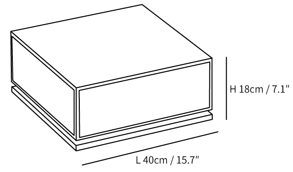 Dimension drawing of this Clérachic square post light, with its 40 cm length and 18 cm height marked.